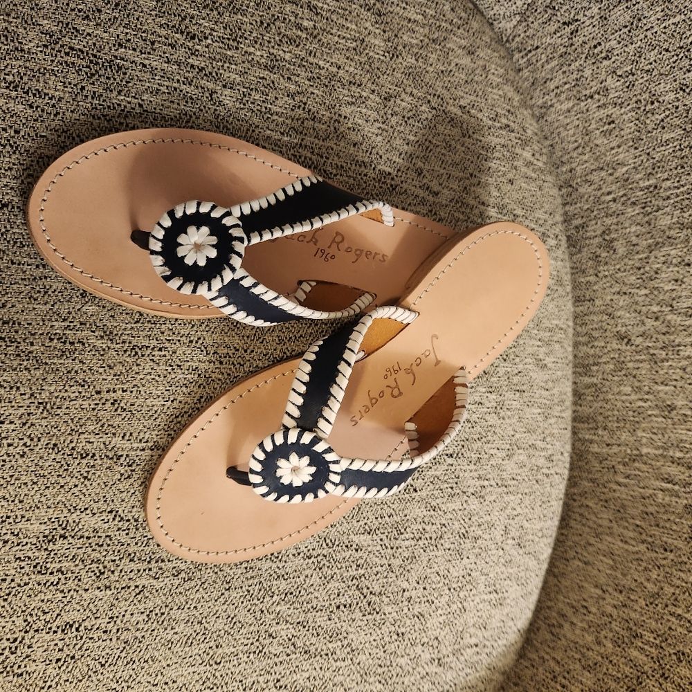 Jack Rogers Midnight and White Sandals with Sunburst Design